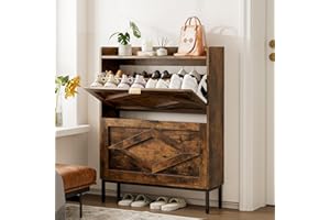 HMFOR Large-Shoe Storage Cabinet for Entryway-Slim, Solid Wooden Shoes Organizer Cabinet with Doors, Hidden Flip Shoe Cabinet for Front Door Shoe Storage, Narrow Shoe Rack Cabinet, Rustic Brown