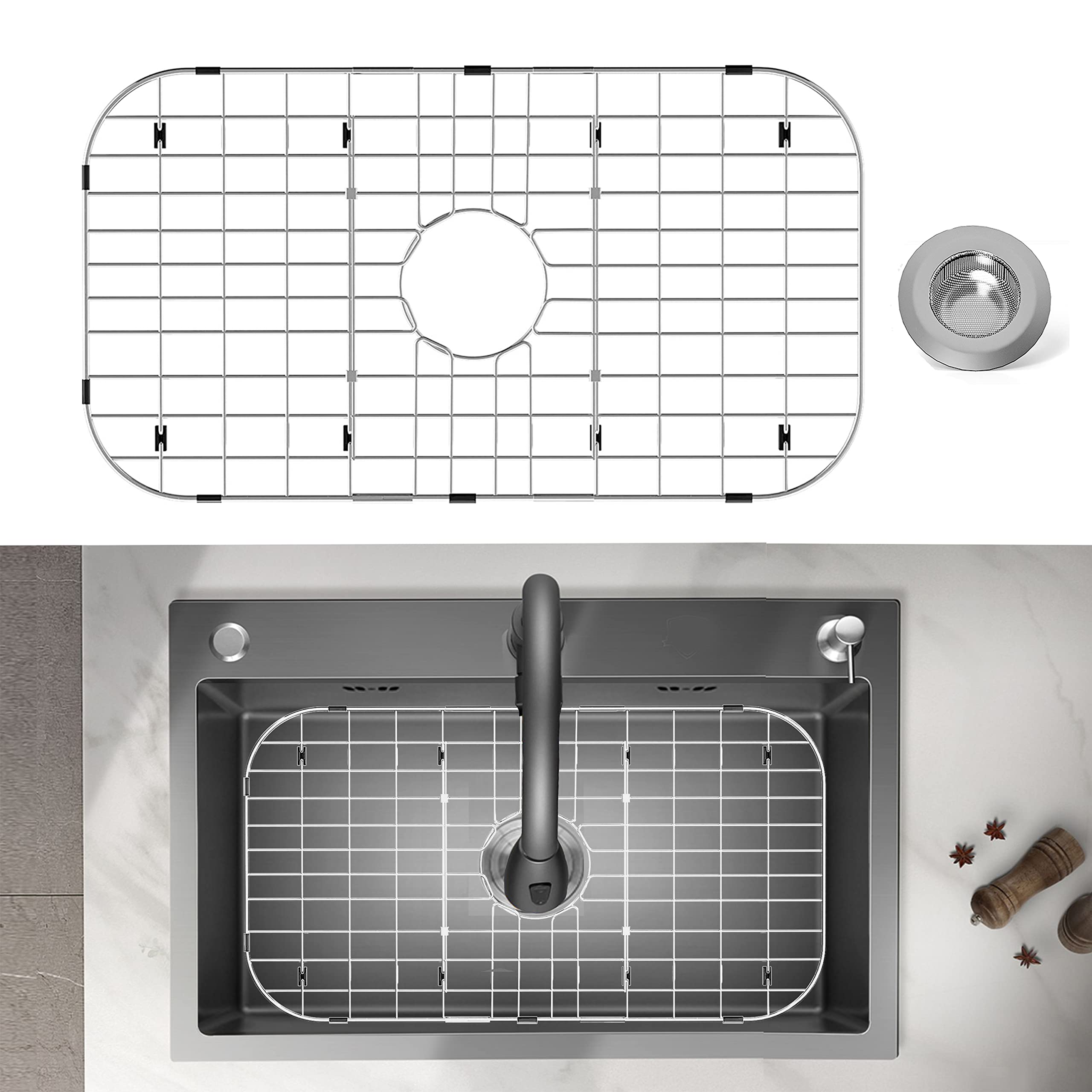Photo 1 of Stainless Steel Sink Protector 26"x14" with Center Drain, Metal Sink Rack for Bottom of Sink, Kitchen Sink Grate and Sink Protectors with Sink Strainer (26" x 14" - Center Drain)