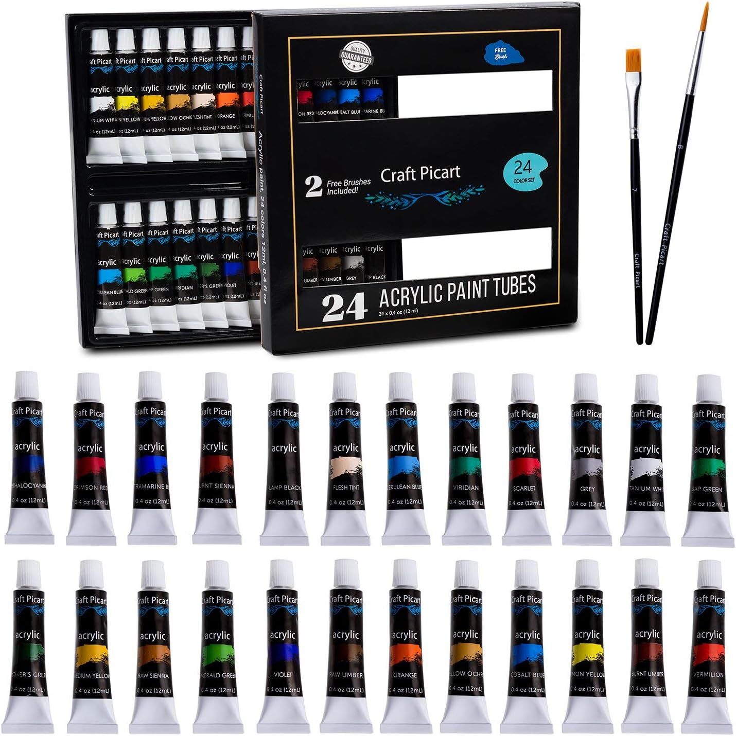 Acrylic Paint Set 24 Colors with 2 Brushes Perfect For Canvas, Wood, Ceramic. Non toxic & Vibrant Colors. Premium Quality Kit For Professional Artist, Students, Beginners & Kids