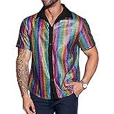 Runcati Mens Disco Shirt 70s Shirts Short Sleeve Button Down Vintage Sequin Metallic Disco Outfits Party Costume Top