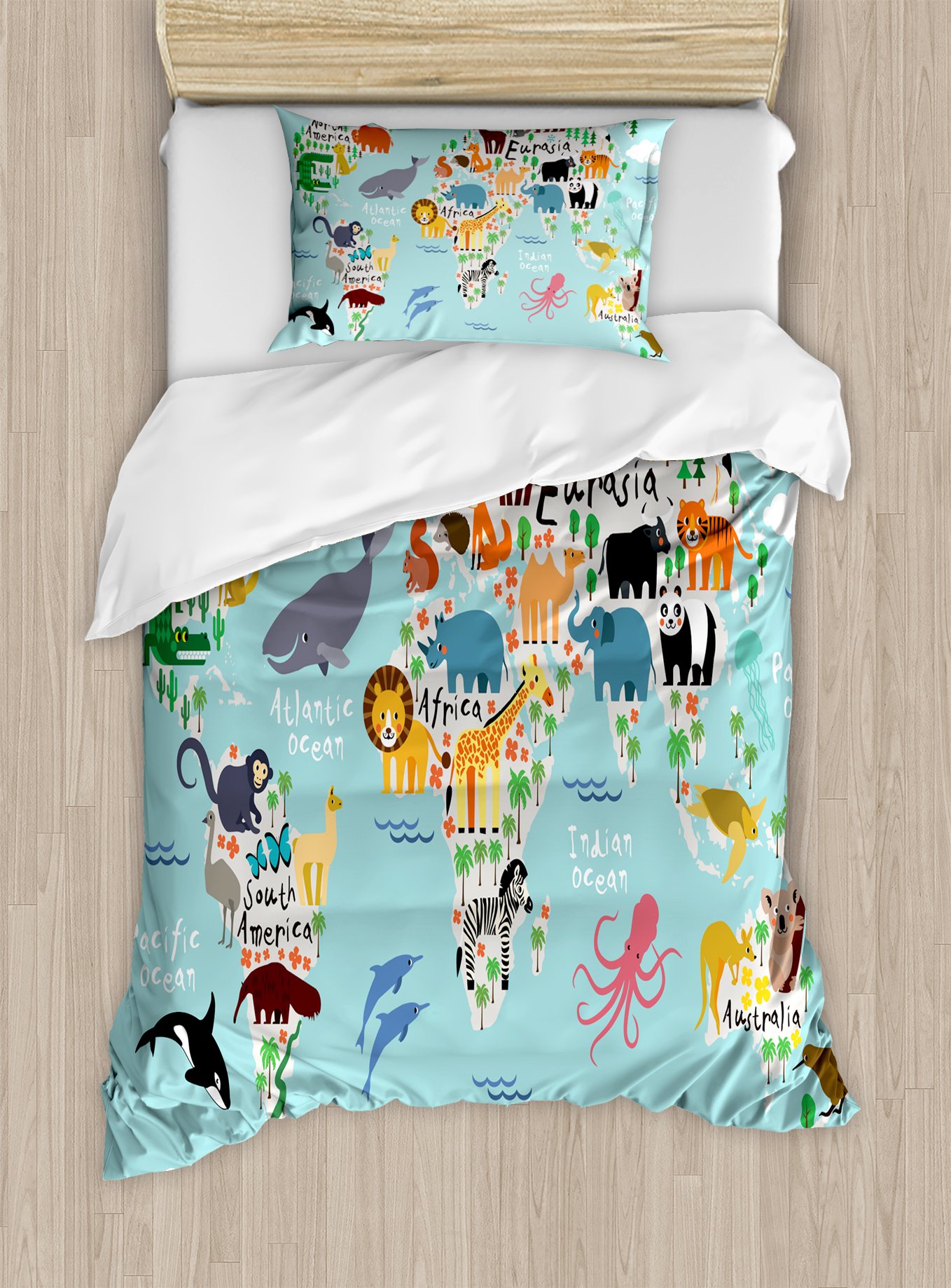 Ambesonne Africa Duvet Cover Set, Educational World Map Africa Camel America Lama Alligator Ocean Au