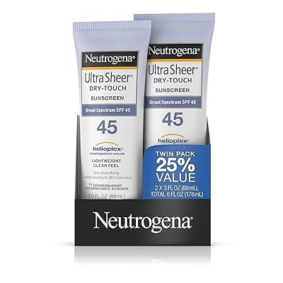 Neutrogena Ultra Sheer Dry-Touch Loción de protector solar resistente al agua y no grasa con espectro ancho SPF 45, 3 fl. oz, paquete de 2