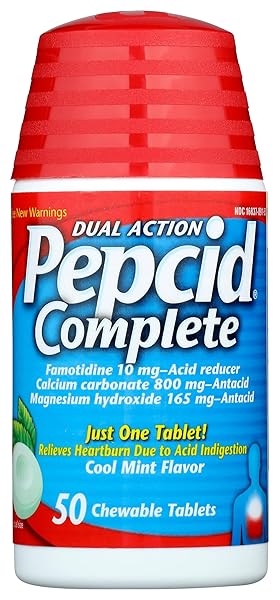 PEPCID COMPLETE ACID REDUCER + ANTACID WITH DUAL ACTION, COOLING MINT, 50-COUNT CHEWABLE TABLETS