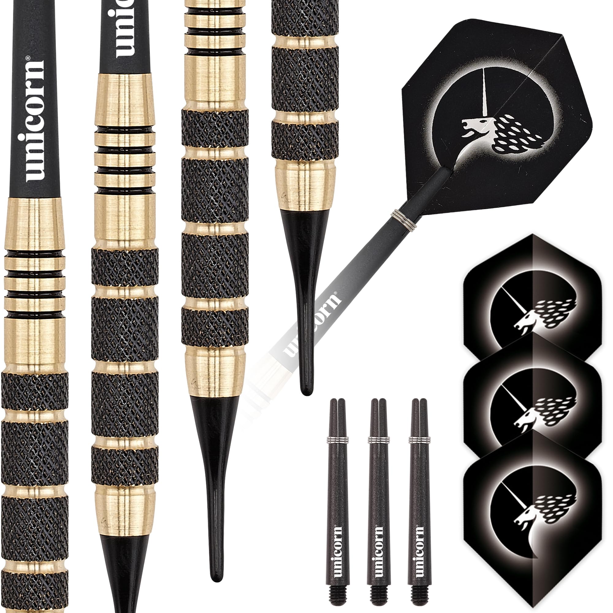 Unicorn Soft Tip Darts Set | Core Plus | Knurled Brass Barrels with Black Coating Accents | 19 g