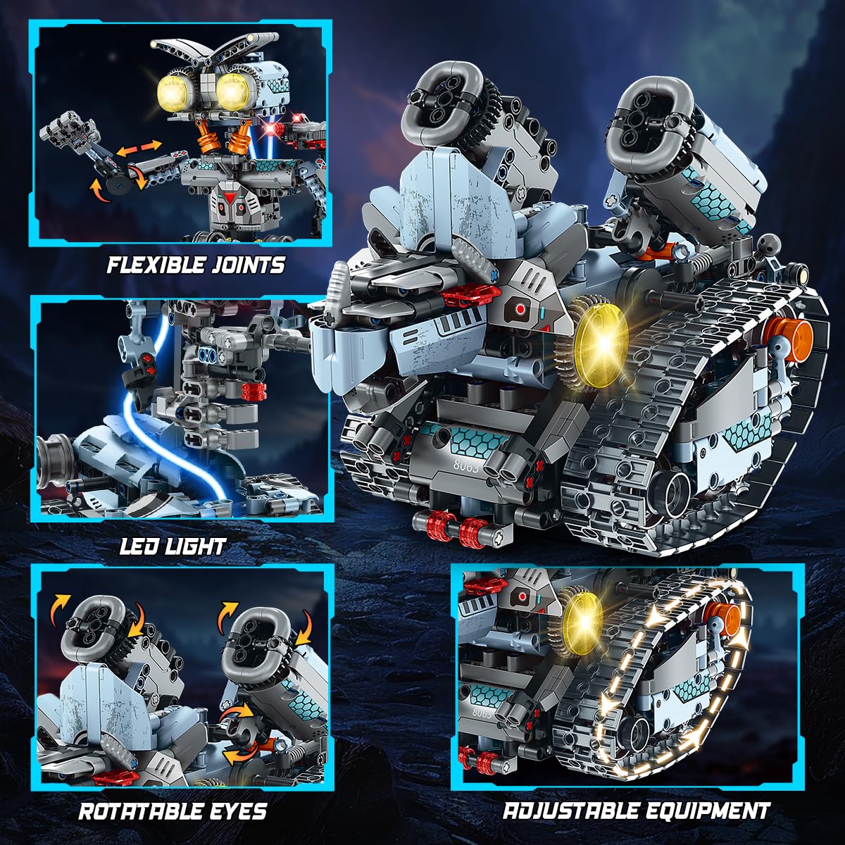 INSOON Technik Roboter Bauspielzeug mit Lichtern, 5-in-1 Roboter Klemmbausteine mit APP-& Fernbedienung, RC Panzer Bausteine 795 Stück, Lernspielzeug Geschenk für Kinder Jungen Mädchen ab 8 Jahren+ 7
