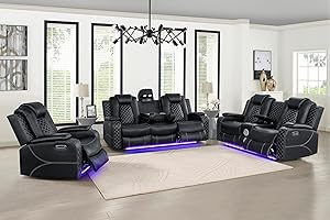 DEVION FURNITURE Philly 3 Pieces Faux Leather Power Recliner Sofa Set with LED, Living Room Furniture Set, Leather Couch Set with USB Port Storage Console Cup Holder,Black Color