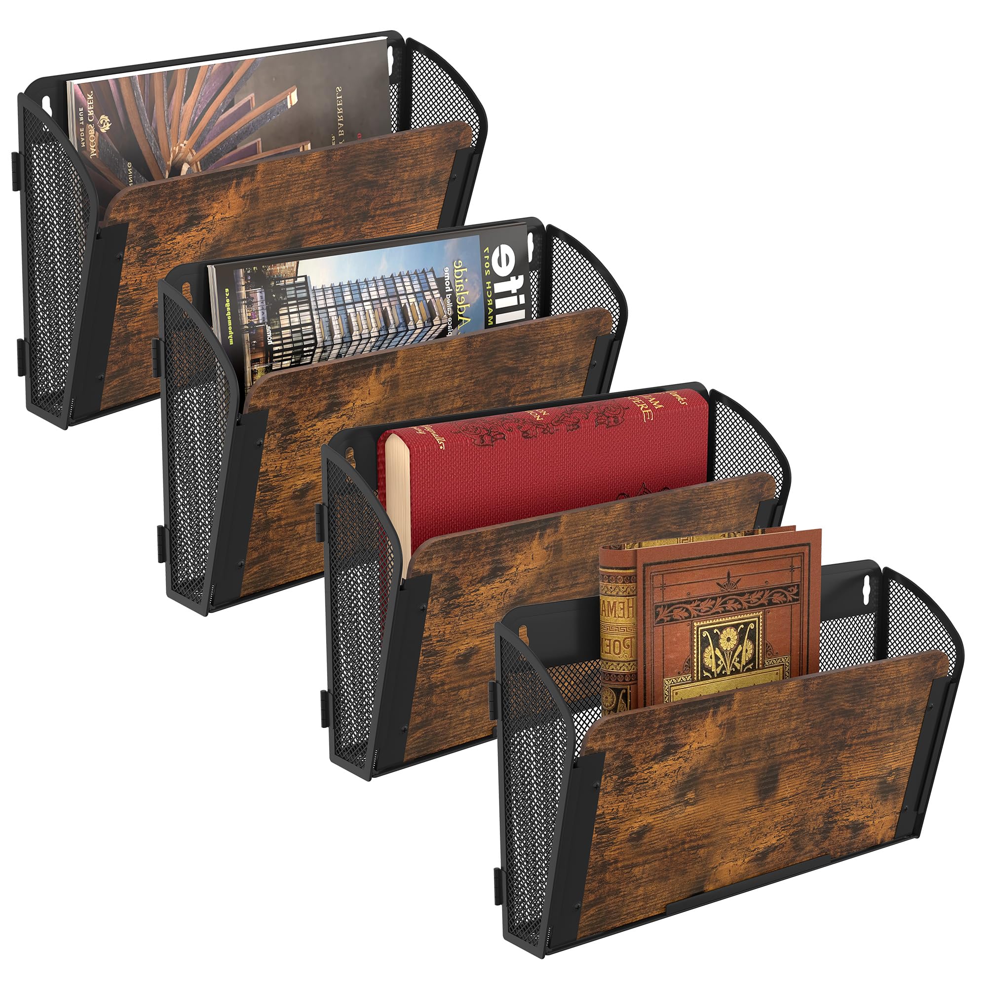 TQVAI 4 Pockets Wall File Organiser Wood Magazine File Holder A4 Paper Document Storage Desk Accessories Stationery Supplies for Office Home School, Black/Antique