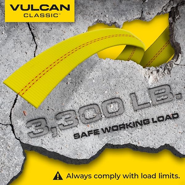 VULCAN CAR TIE DOWN WITH FLAT HOOKS – LASSO STYLE – 2 INCH X 96 INCH – 4 PACK – CLASSIC YELLOW – 3,300 POUND SAFE WORKING LOAD