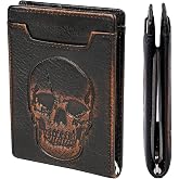 DK86 Skull Wallet for Men with Money Clip Genuine Leather Bifold RFID Blocking Mens Slim Front Pocket Wallet with Hand Burnished