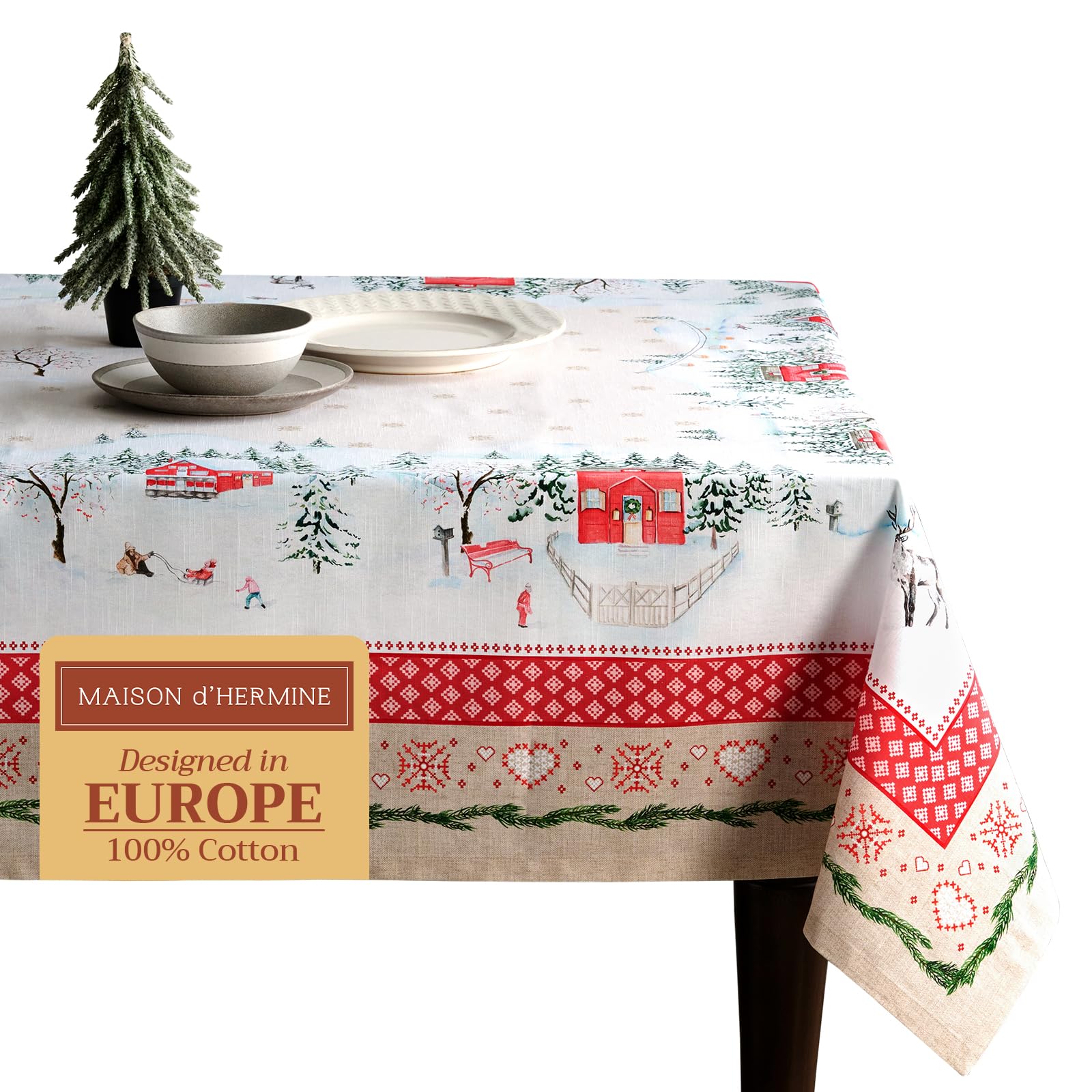 Maison d' Hermine Table Cloth Rectangle Table 100% Cotton 230 cm x 140 cm Tablecloth Reusable Everyday Use for Christmas Decorations Dining Farmhouse Home Party Festive (Rural Christmas) — image 1