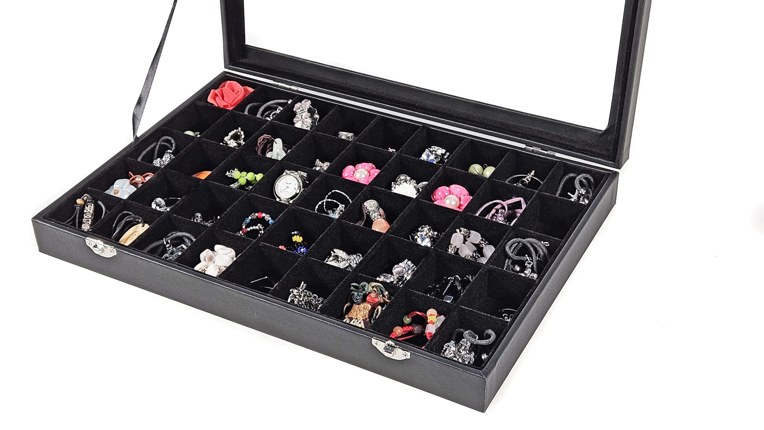 YUDU Jewellery Box with Glass Lid 45 Compartments in Black