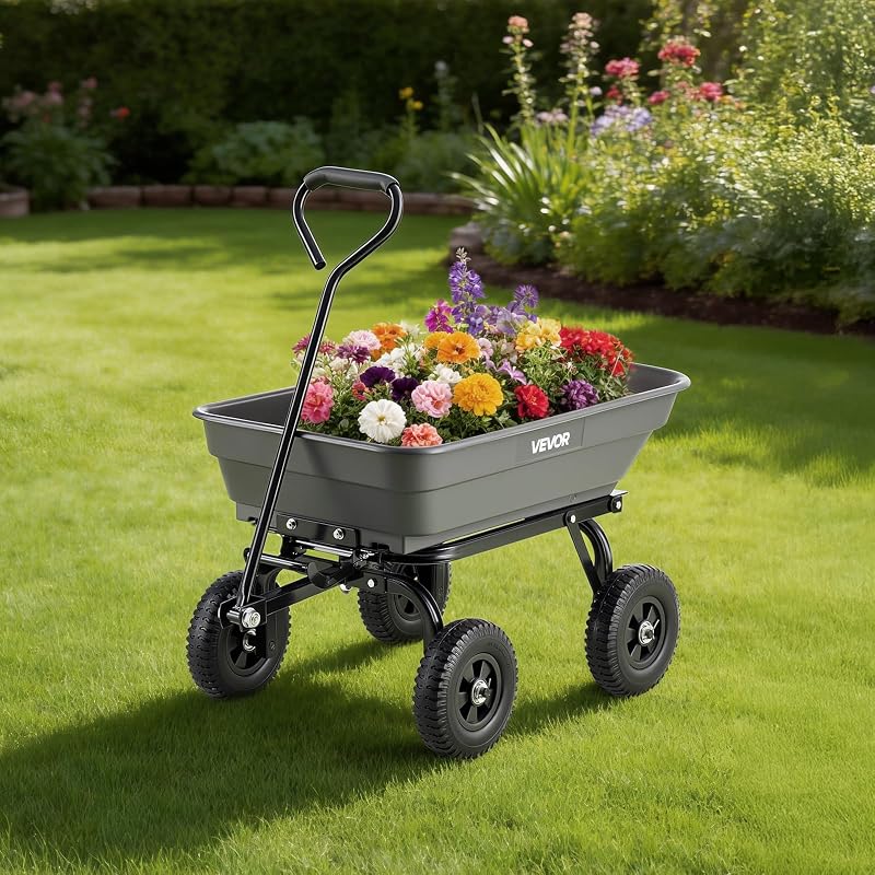 Carrello Ribaltabile per Giardinaggio Carico di 181 kg, con Meccanismo di Scarico Rapido, Ruote Girevoli, Cuscinetti Rotanti Flessibili, Carrello da Giardino per Piante, Terreno, Colture