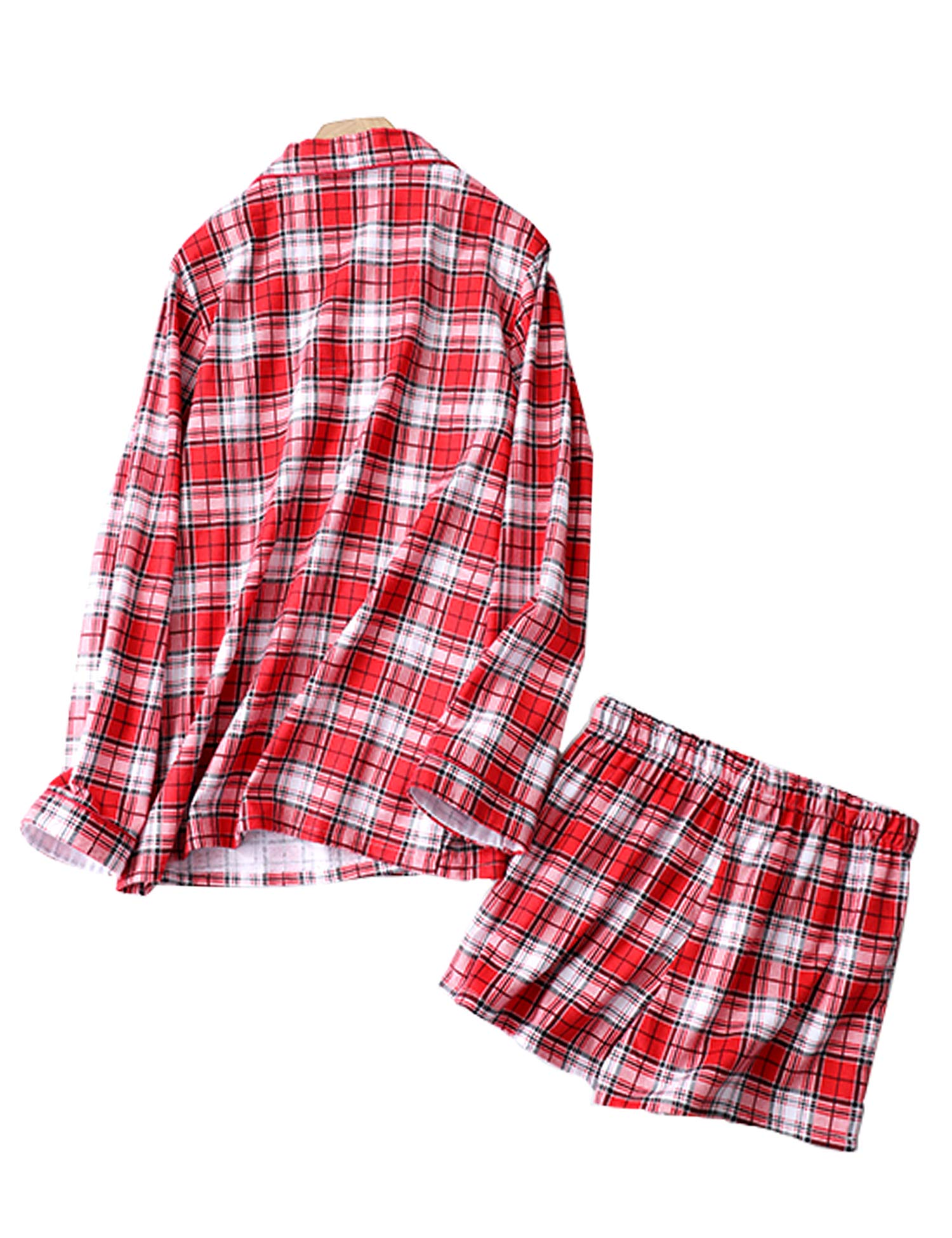 ENJOYNIGHT Women Pajamas Cotton Flannel Plaid-Button Down Top&Shorts Pjs Set (X-Large, Red)