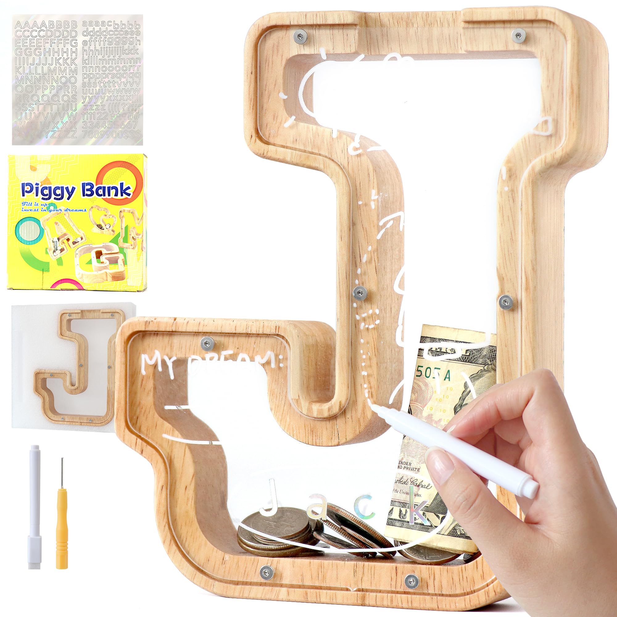 Mikytoper Letter Money Box for Kids Wooden Personalized A-Z Alphabet Piggy Bank Clear Money Bank Coin Bank for Gift Decoration Baptism (J)