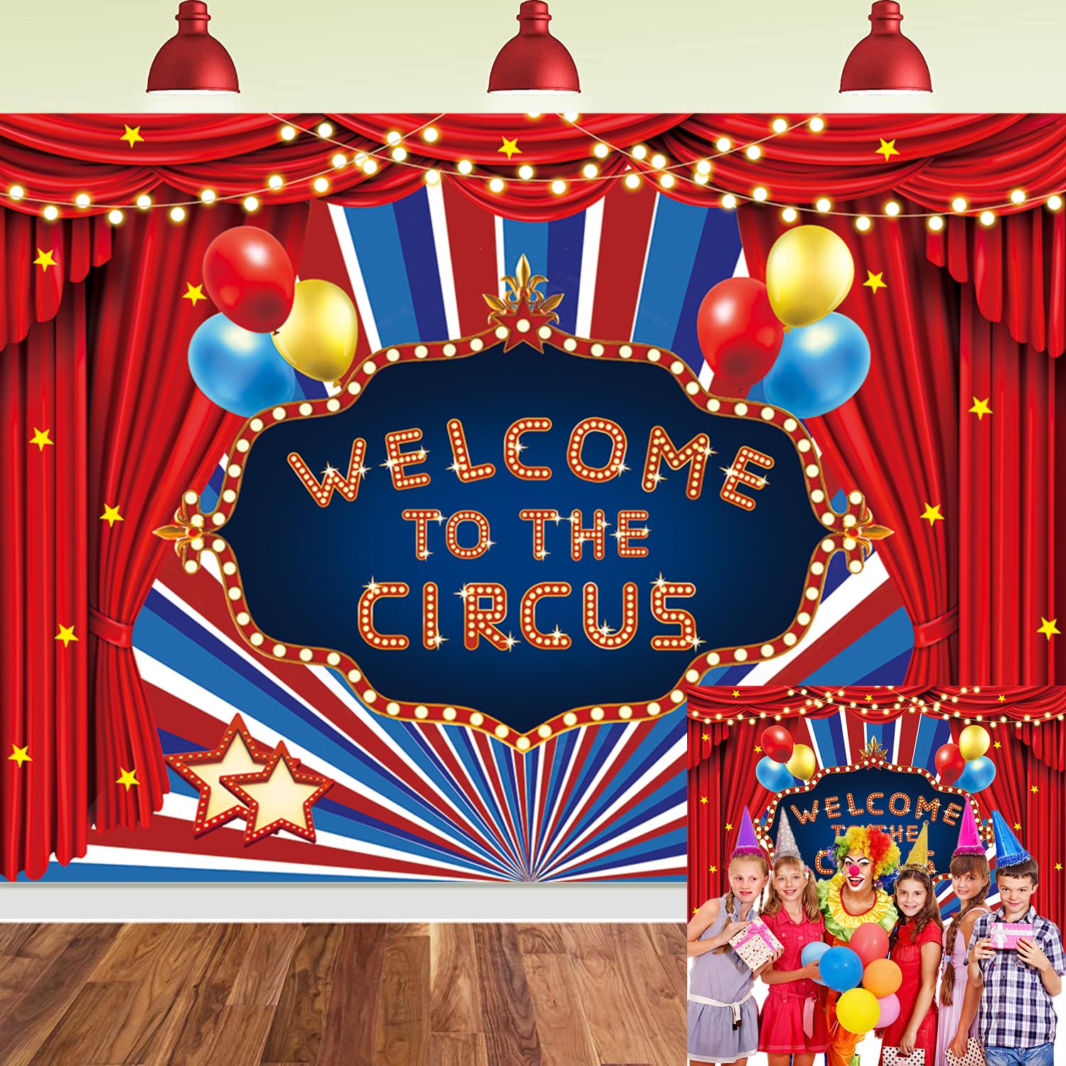 Photo 1 of Circus Carnival Backdrop Welcome to The Circus Red Curtain Glitter Stars Birthday Party Photography Background Newborn Baby Shower Carnival Theme Birthday Party Cake Table Decoration (8x6FT)