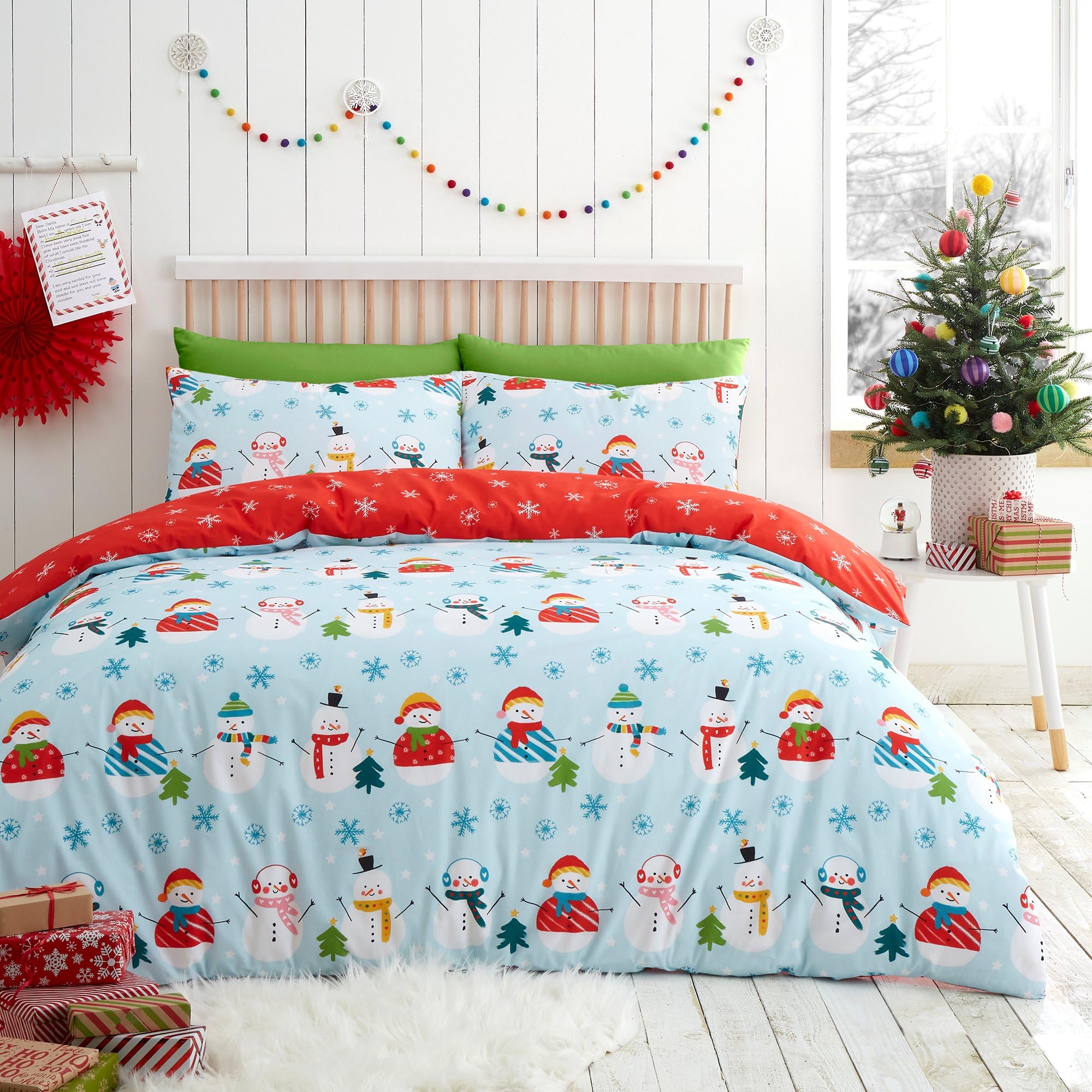 Fusion - Christmas Snowman Duvet Cover - Double Bedding Size (200 x 200cm) - Reversible (2 Designs) - 2x Pillowcases - Snowflake Duvet Cover in Duck Egg/Red - Snowman Christmas Bedding for Kids/Adults — image 1