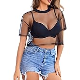 Avidlove Women's Mesh Tops See Through Shirts Short Sleeve Printed Crop Top Sheer Blouse Clubwear S-XXL
