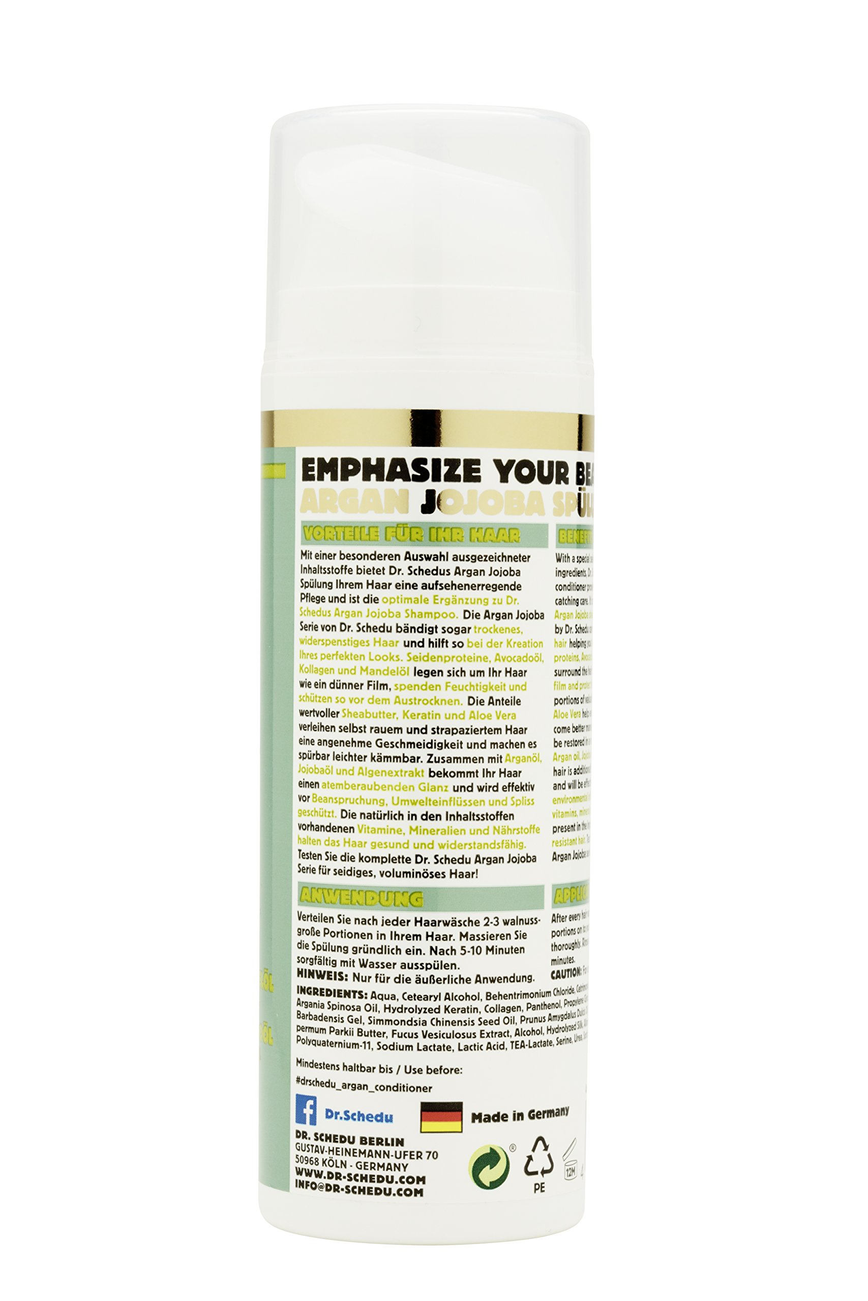 Dr. Schedu Berlin Argan Jojoba conditioner 150 ml, for dry & frizzy hair, with silk proteins, Almond oil, Algae extract, Avocado oil, Shea Butter and Aloe Vera, silicone free, made in Germany!