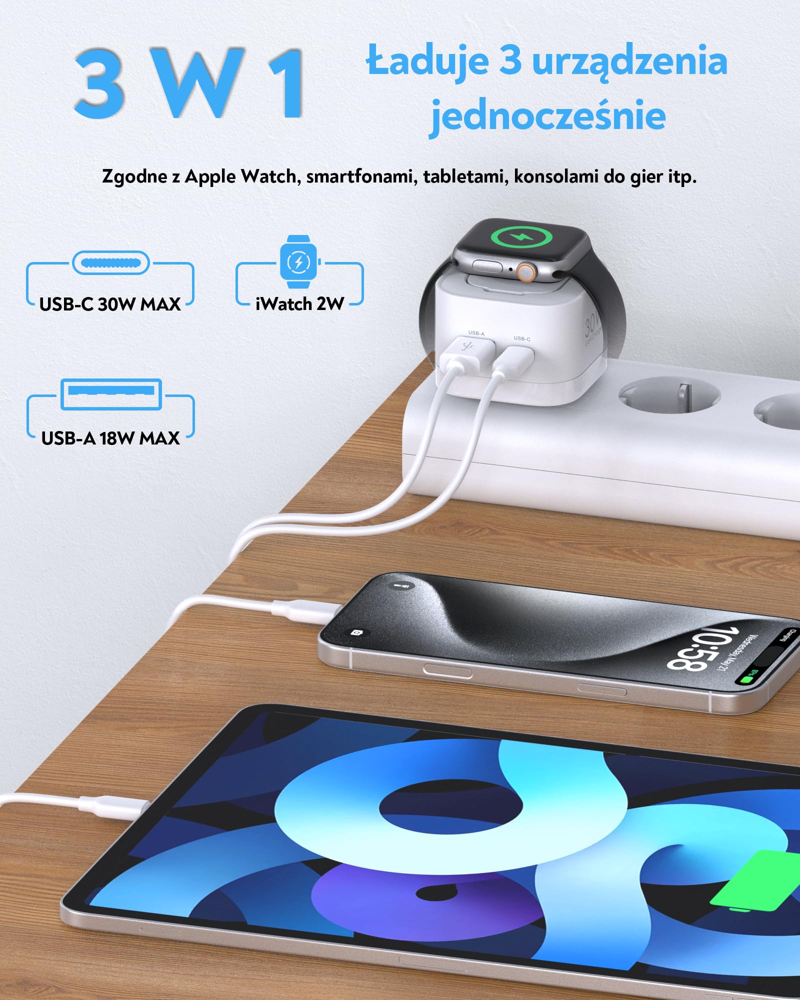 TOPADRE 30W Ladegerät für Apple Watch, 3-in-1 30W USB C iPhone Ladegerät PD 3,0 Schnellladegerät Apple Watch 11/10/9/8/Ultra/SE, USB C Ladekabel für iPhone17/16/15 Pro Max, für iPad Air/Airpods, Weiß 4