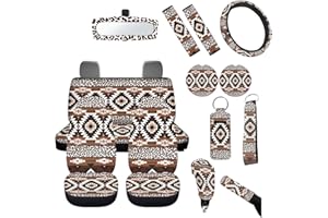 FUIBENG Leopard Tribal Aztec Seat Covers Front Back Seats Full Set Car Protection Accessory,Comfy Elastic Front Rear Bench Seat Covers for Most Vehicle,Steering Wheel Cover,Keys,Coaster,Mirror Covers