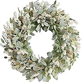 24 Inch Summer Spring Ivory Flowers Wreath for Front Door, Everyday Lamb Ears Leaves Wreath with White Artificial Flower for Indoor and Outdoor, Rustic and Farmhouse Greenery Flower