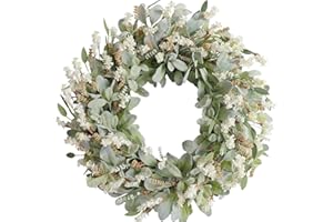 EGOLOT 24 Inch Summer Spring Ivory Flowers Wreath for Front Door, Everyday Lamb Ears Leaves Wreath with White Artificial Flower for Indoor and Outdoor, Rustic and Farmhouse Greenery Flower