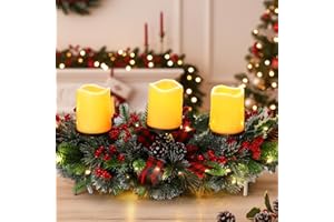 Baquler LED Christmas Candle Holder Centerpiece with 3 Candle Led Battery Operated Artificial Christmas Table Decorations Base Candelabrum for Dining Room Kitchen Indoor Home(Black and Red)