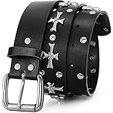 Studded Belt for Men Women Goth Punk Rock Style Cool Belts with Cross Rivet | 80% Genuine & 20% PU Leather, soft, not easy to tear, long-lasting use, 1.5