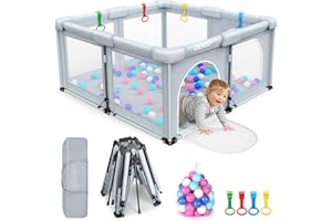 OCATO Baby Playpen: Foldable Playpen for Babies and Toddlers Large Play Pen Portable Playpen Fence Indoor Outdoor Kids Safety Area Travel Play Yard with 1 Storage Bags 4 Handlers 50 Balls (50" × 50")