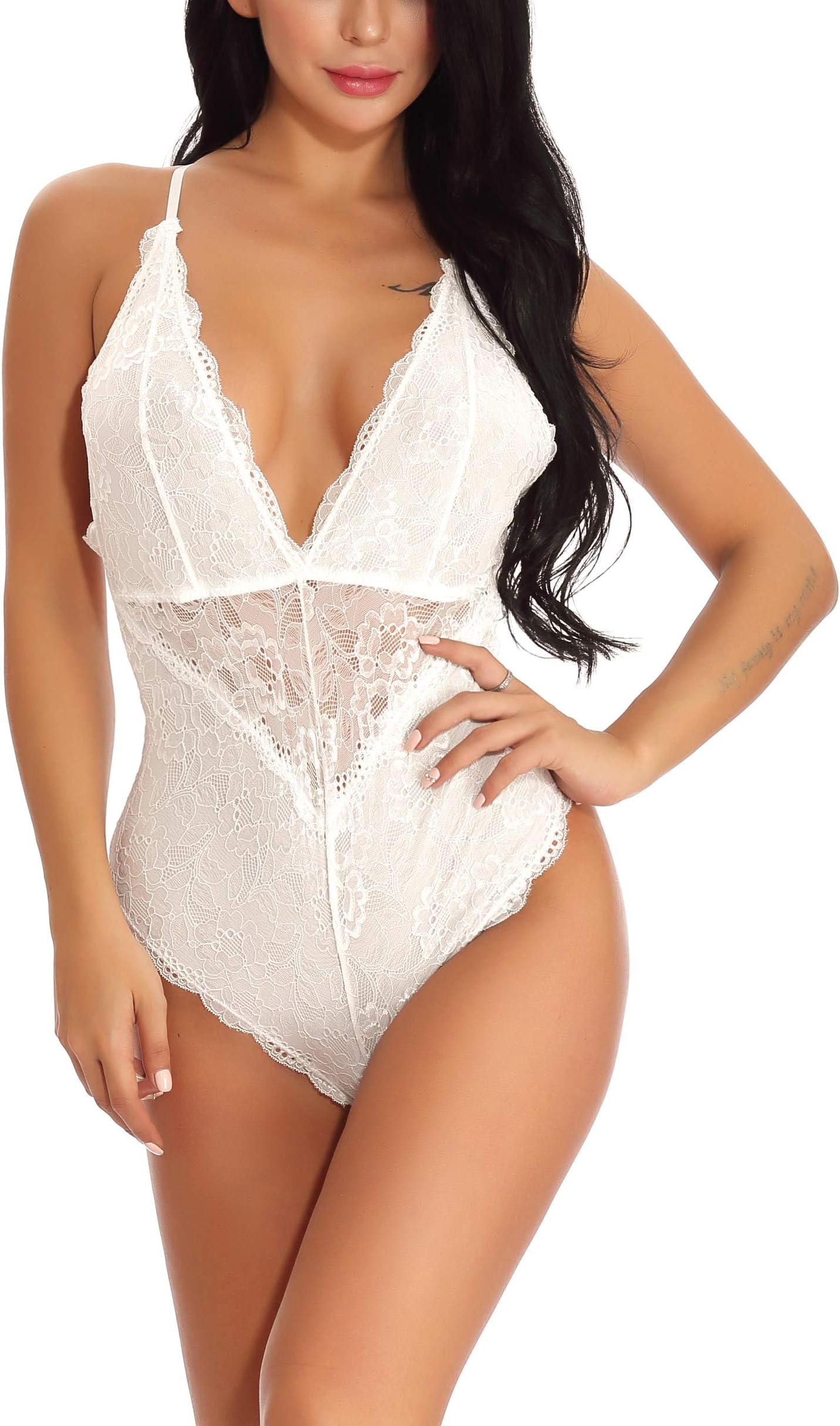 Evelure Women One Piece Teddy Lingerie Sheer Lace Corset Babydoll Bodysuit
