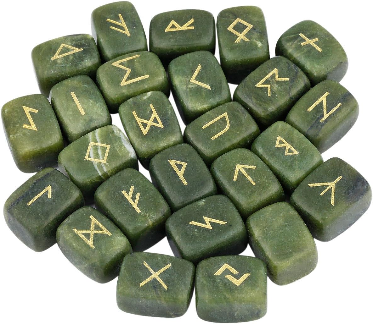 mookaitedecor Natural Green Jade Runes Stones Set of 25