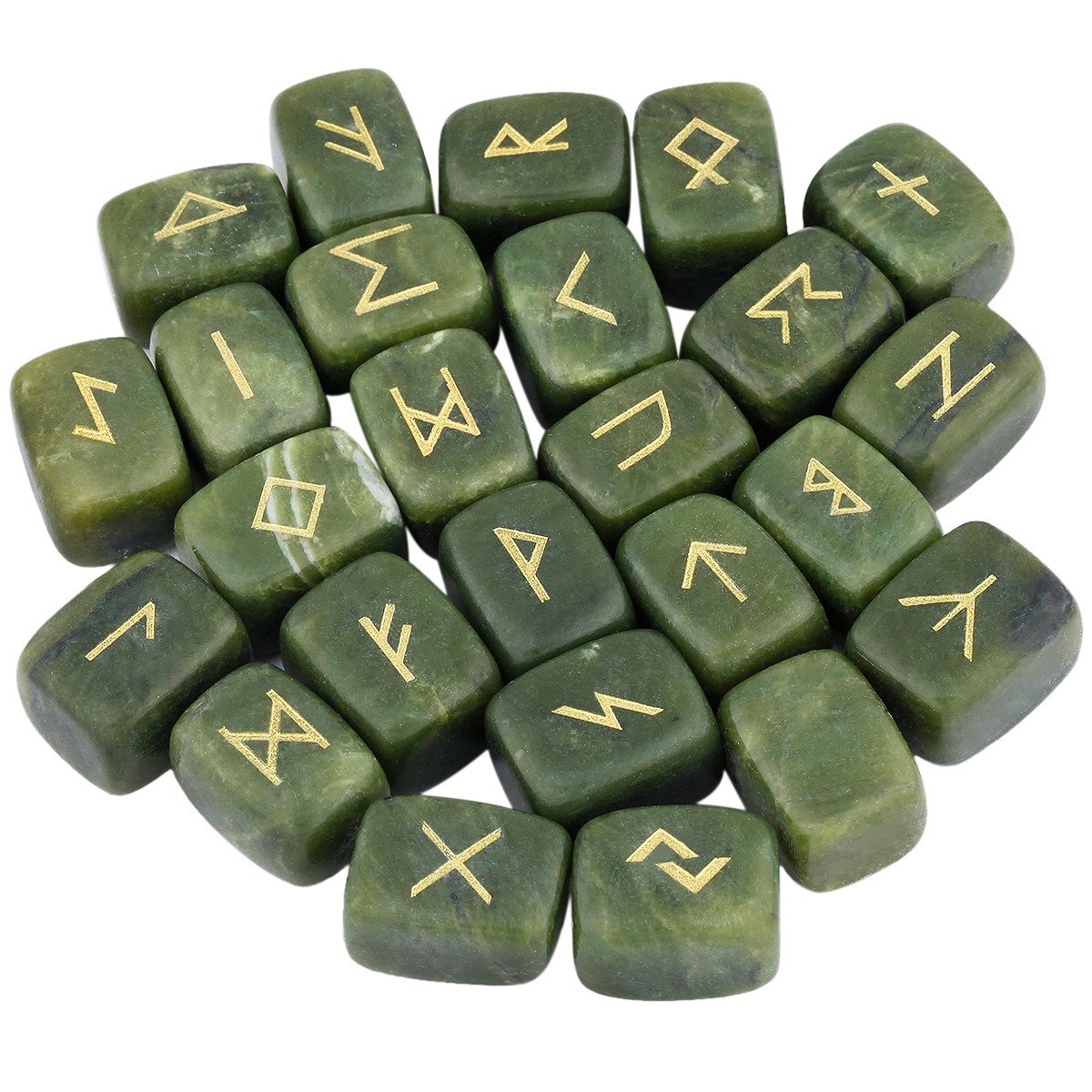 mookaitedecor Natural Green Jade Runes Stones Set of 25, Viking Norse Runes with Elder Futhark Alphabet Symbol for Divination Reiki Healing Crystal Witchcraft Pagan Supplies Spiritual Gift Room Decor