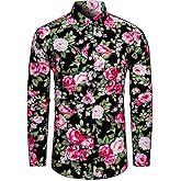 TUNEVUSE Mens Long Sleeve Floral Dress Shirt Flowered Pattern Print Button Down Shirts Cotton