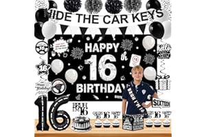Happy 16th Birthday Decorations for Boys Girls, Black and Silver Boys 16th Birthday Party Decorations, Sweet 16 Birthday Part