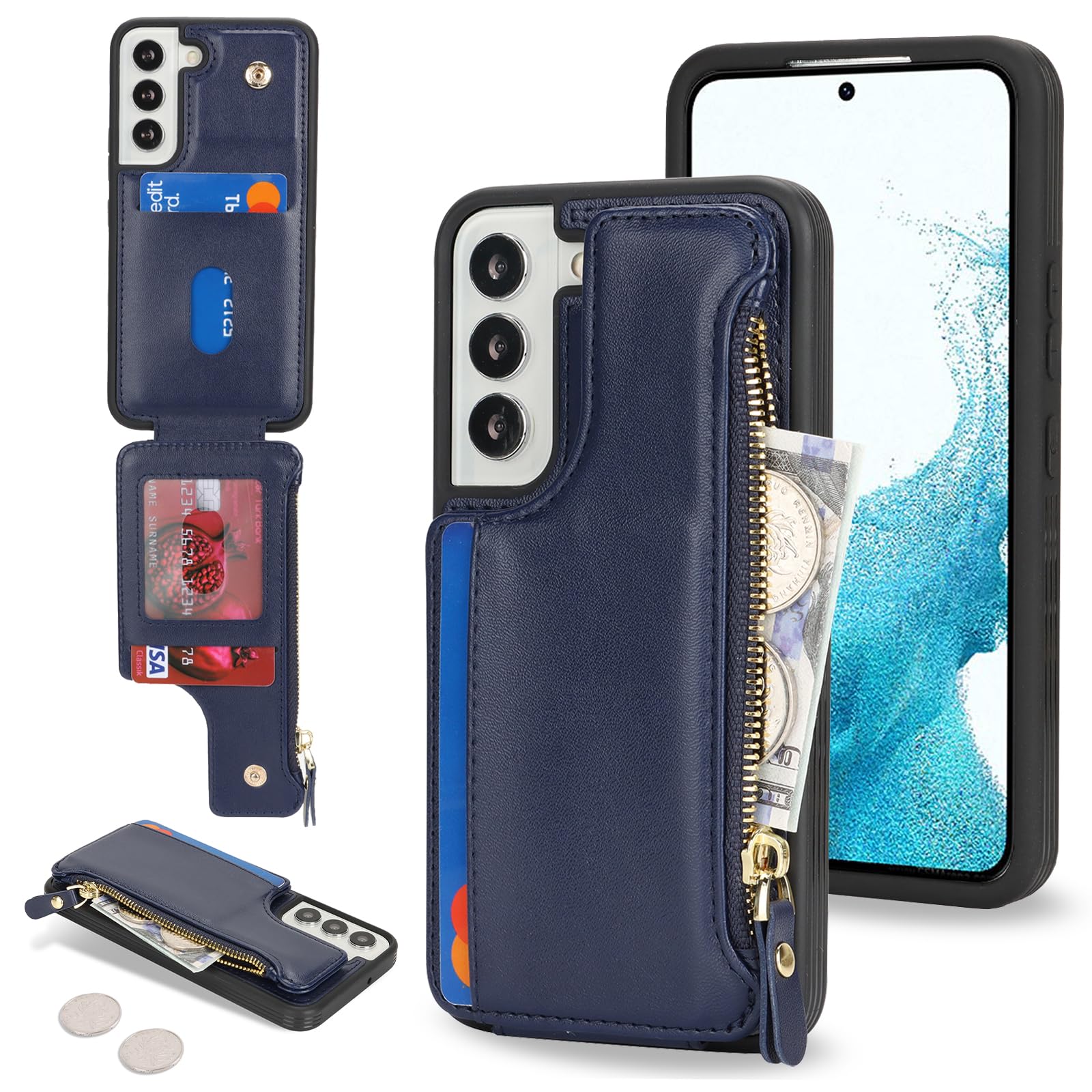 Cavor for Samsung Galaxy S22 Case Wallet, Galaxy S22 Wallet Case with Card Holder for Women Men,Leather Zipper Pocket Card Slots Phone Cover-Blue