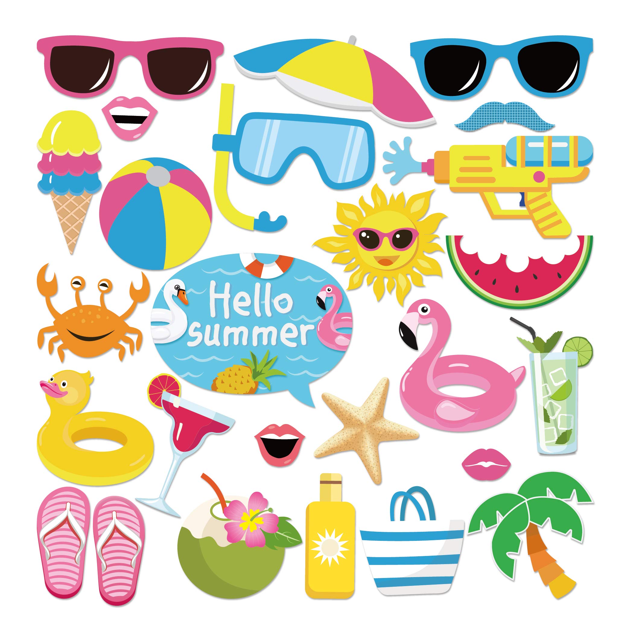 Photo 1 of Summer Photo Booth Props(25CT),Pool,Hawaiian,Beach,Luau Photo Booth Props,Tropical Themed Party with Stick for Summer/Pool/Tiki/Tropical/Hawaiian Party Supplies