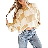OYOANGLE Women's Plus Size Color Block Plaid Sweater Oversized Drop Shoulder Crewneck Pullover Tops
