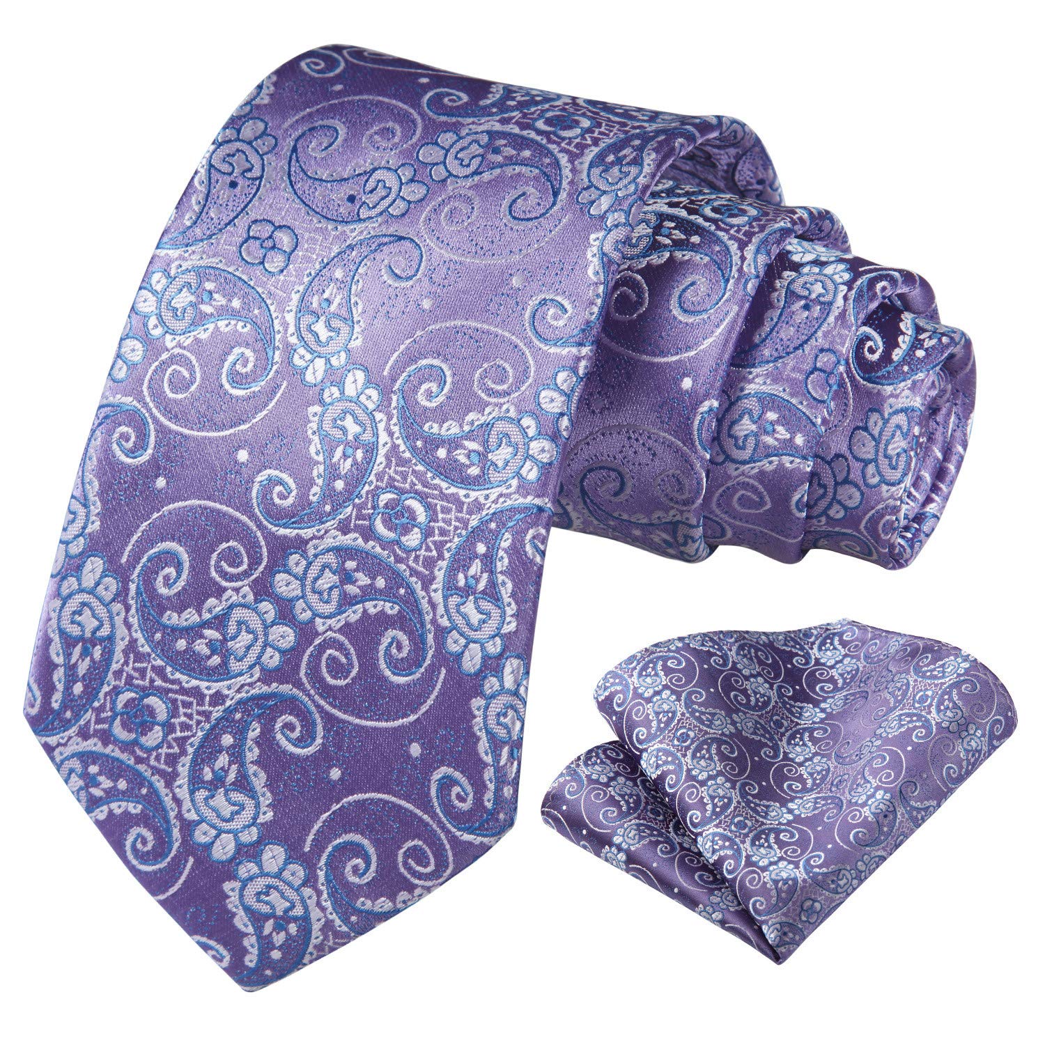 HISDERN Men's Necktie Purple Paisley Floral Wedding Ties Business Tie Handkerchief & Pocket Square Set
