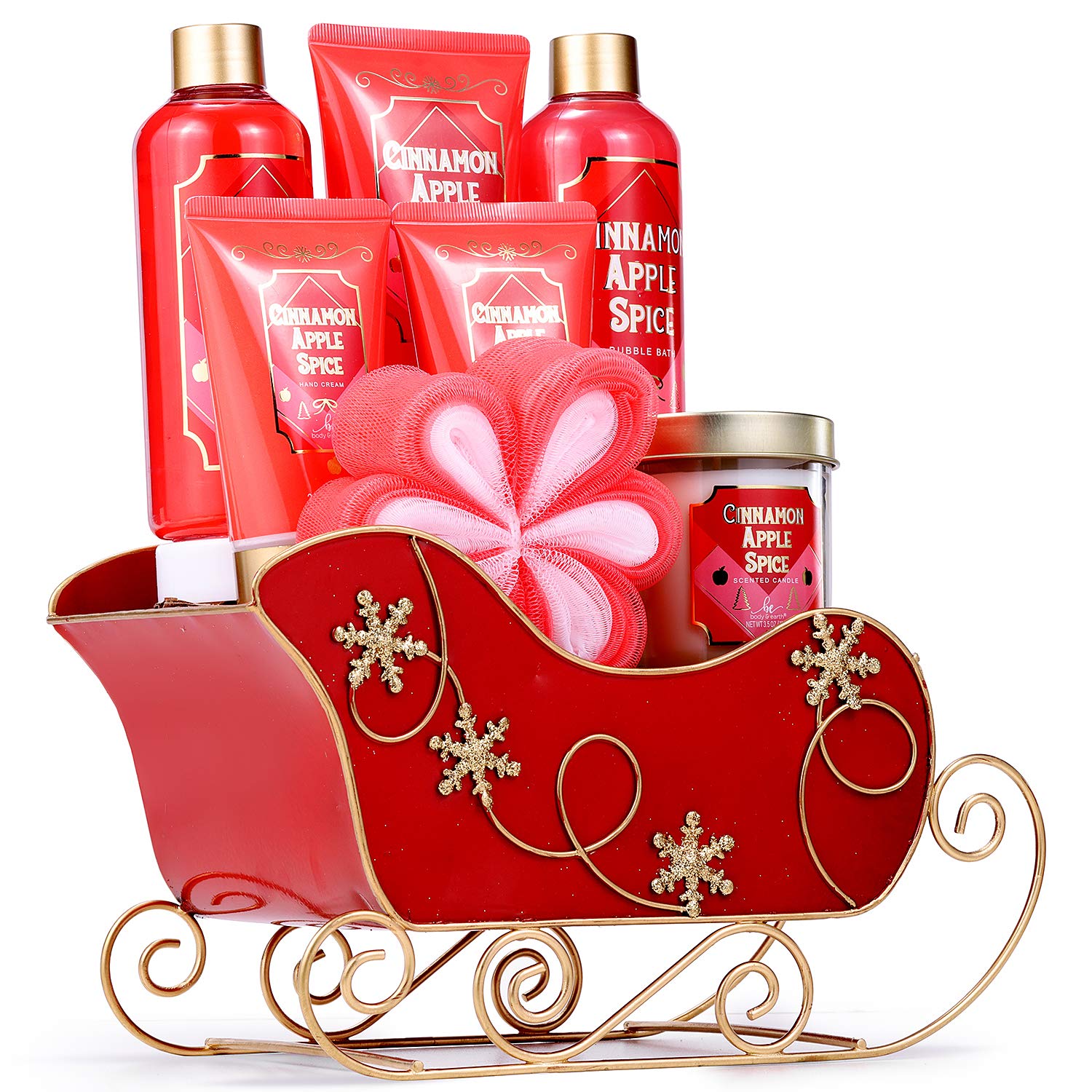 Gift Basket for Women,8 Piece Bath Set Cinnamon Apple Spice with Hand Cream,Bath Puff,Foot Lotion,Scented Candle,Shower Gel,Body Lotion,Bubble Bath, Relaxing Bath Gift Set for Women