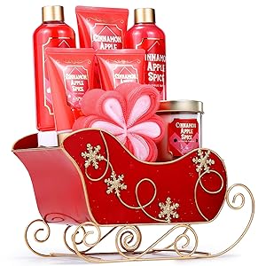 Gift Basket for Women,8 Piece Bath Set Cinnamon Apple Spice with Hand Cream,Bath Puff,Foot Lotion,Scented Candle,Shower Gel,Body Lotion,Bubble Bath, Relaxing Bath Gift Set for Women