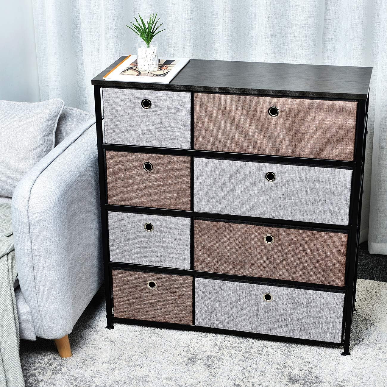 KINWELL Extra Wide Fabric Storage Organizer Mixed Colors Clothes Drawer Dresser with Sturdy Steel Frame, Wooden Tabletop, Easy Pull Fabric Bins Organizer Unit for Bedroom Hallway Closet-8Drawers