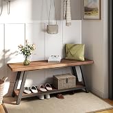 Skandiquip 43" Farmhouse Entryway&amp;End of Bed Wood Bench,Walnut | Skandiquip 43"47" Wood Farmhouse Entryway Bench, Mid Century Rustic End of Bed Bench for Mudroom, Living Room &amp; Kitchen