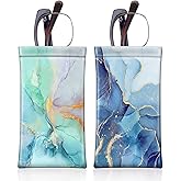 [2 Pack] Fintie Eyeglasses Pouch with Cleaning Cloth, Portable Squeeze Top Leather Glasses Case Sunglasses Bag, Emerald Marble + Ocean Marble