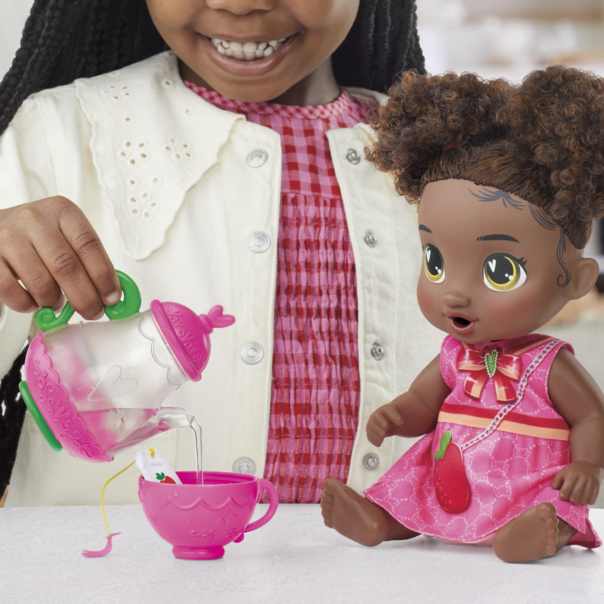 Baby Alive Bubbly Tea Party Berry Boo Doll with Teapot Accessories, Black Hair, 11 Inches, Kids Toys, Ages 3+