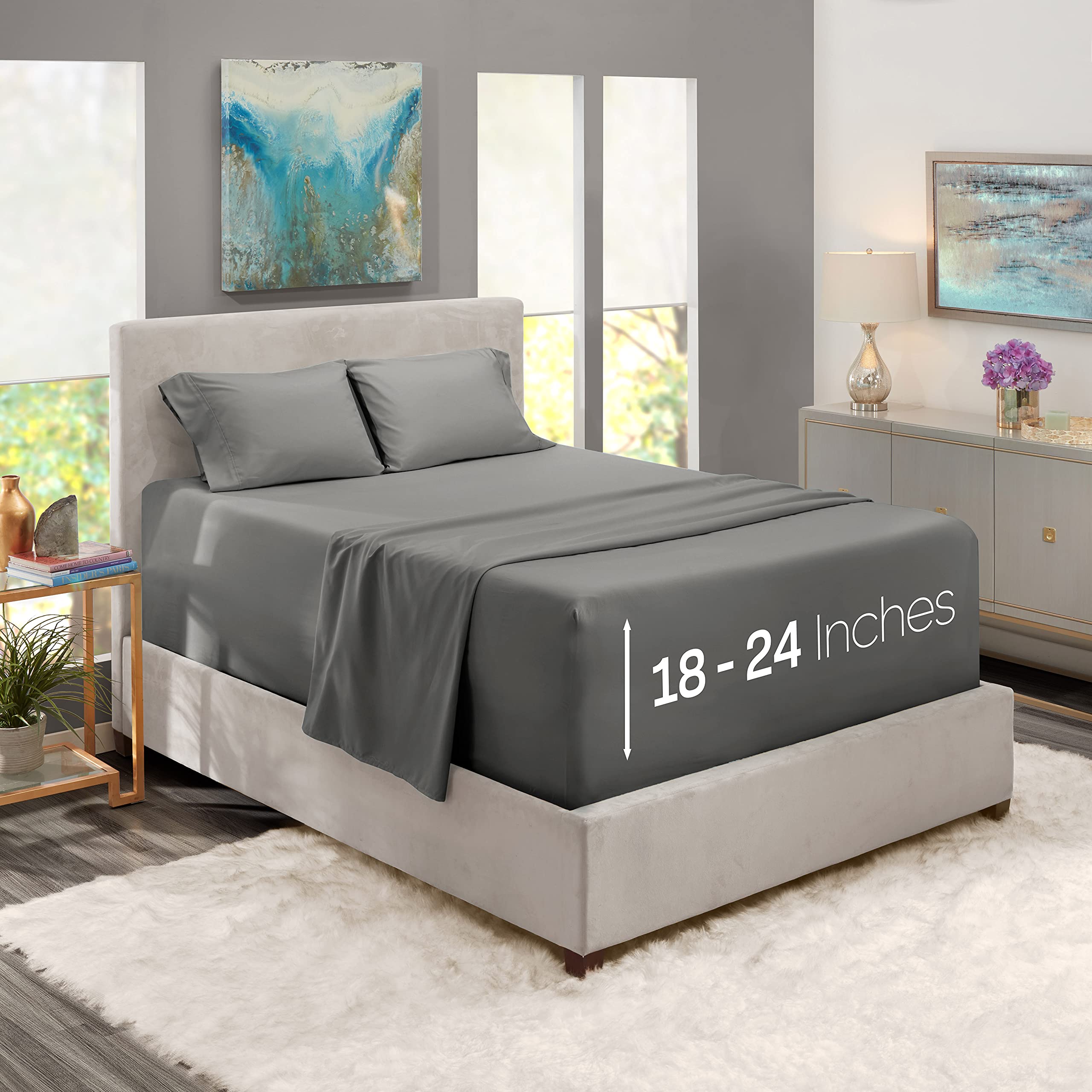 Photo 1 of Nestl California King Size Sheet Set, 4 Piece Extra Deep Pocket (18-24 inches), Microfiber, Hotel Luxury, Soft, Breathable, Wrinkle-Free, Easy to Care, Grey
