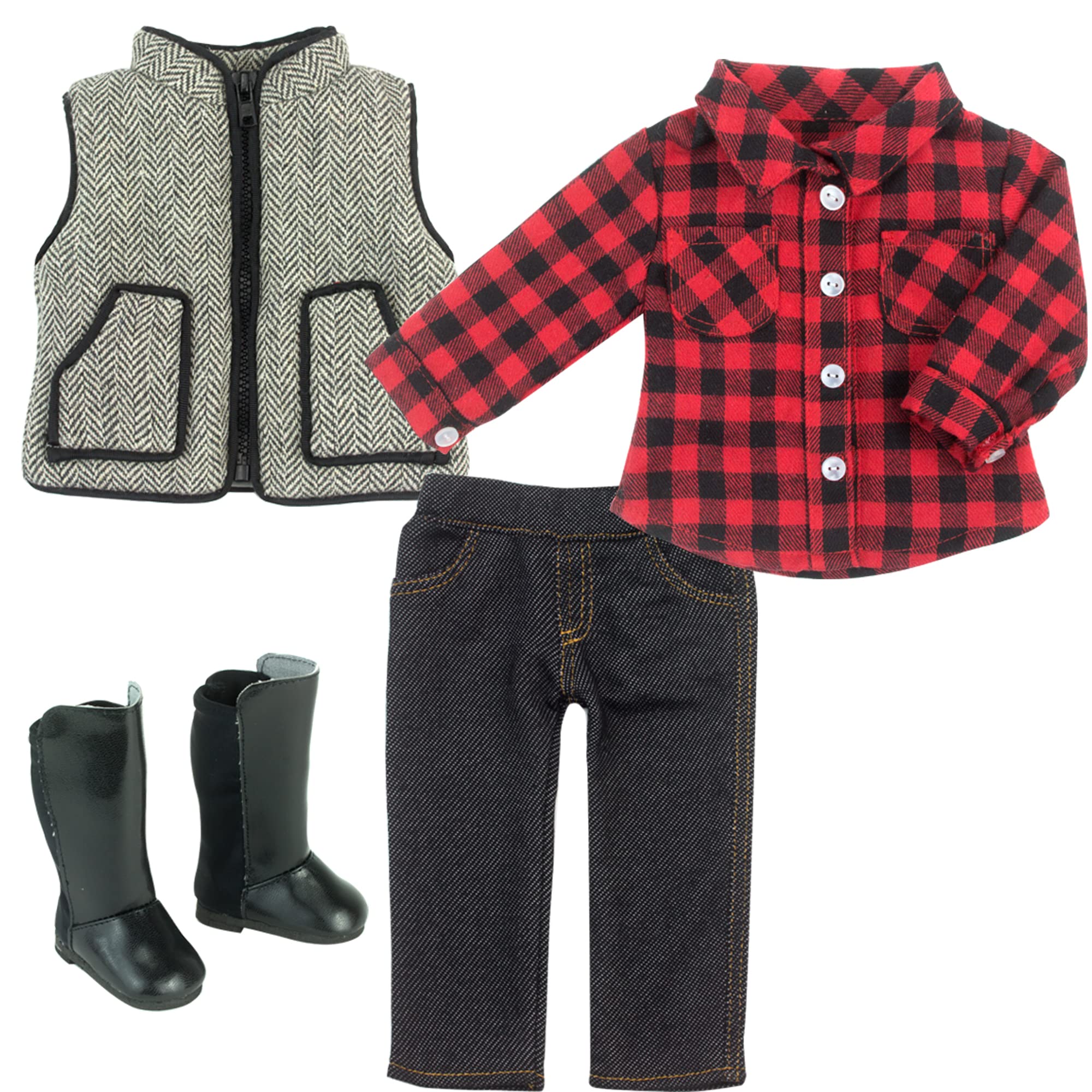 Sophia’s 4 Piece Baby Dolls Clothes Set, 18" Doll Red Cowgirl Checked Shirt, Country Gilet and Jeggings with Doll Boots, Doll Not Included
