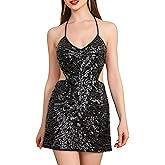 Mocure Women Glitter Sequin Halter Dress Beaded Sexy Sheath Butterfly Sequin Mini Dress Party