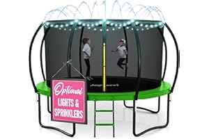 JoyBerri Trampoline Outdoor - ASTM Certified Safe, 8Ft, 10Ft, 12Ft, 14Ft, 15Ft, 16Ft Recreational Trampoline for Kids and Adults. Anti-Rust Coating with Enclosure Net, Ladder, Sprinkler & LED Lights