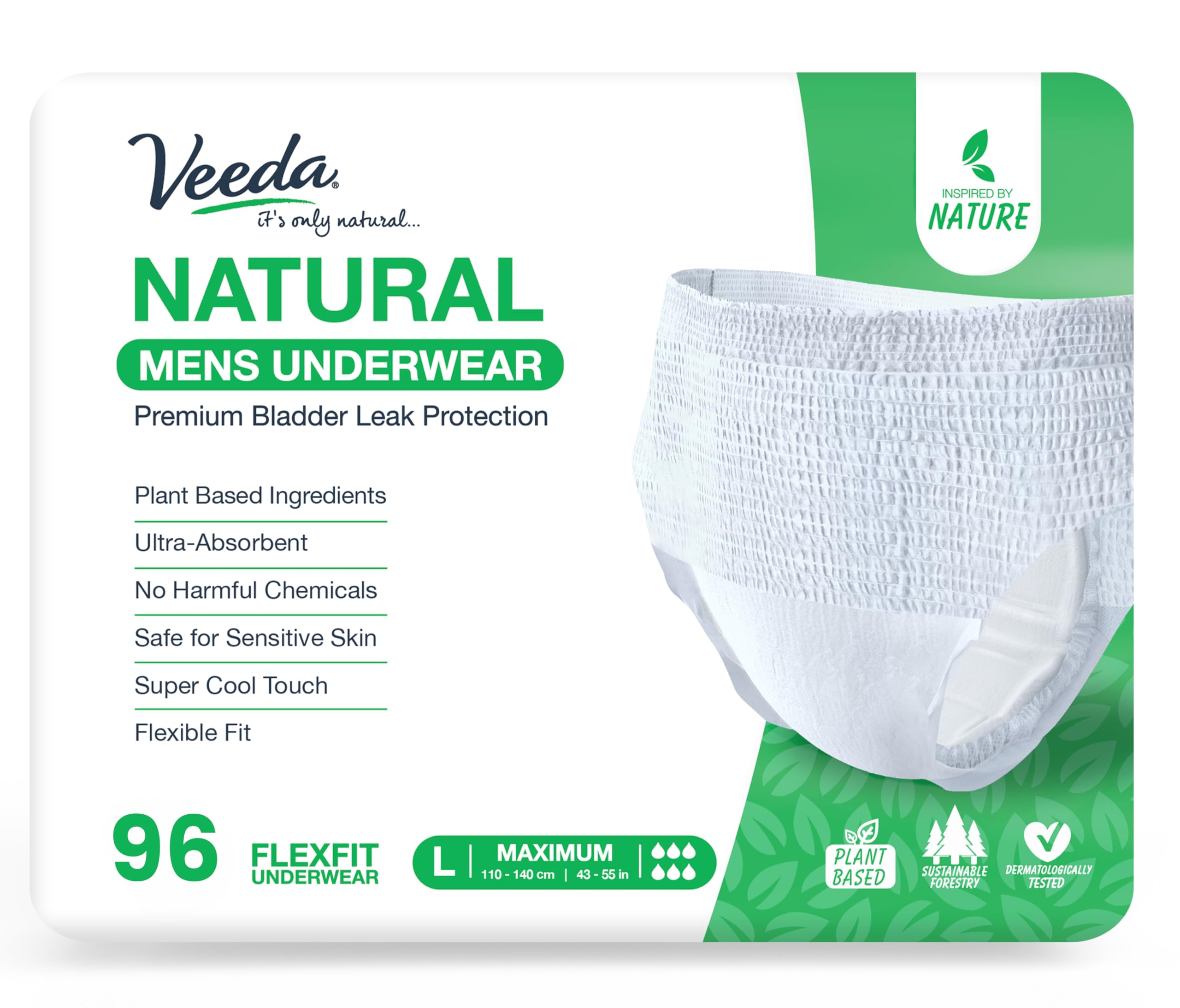 Photo 1 of Veeda Natural Adult Incontinence Underwear for Men - Disposable Underwear for Bladder Leakage Protection - Adult Diapers for Men with Maximum Absorbency - Large Size - 96 Count