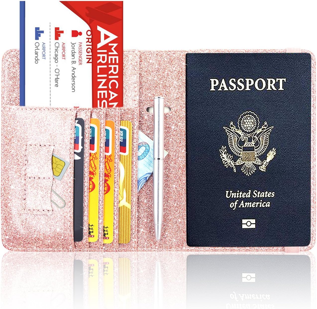  | Passport Holder Cover, ACdream Travel Leather RFID Blocking Case Wallet for Passport with Elastic Band Closure, Rose Gold Glitter | Passport Covers